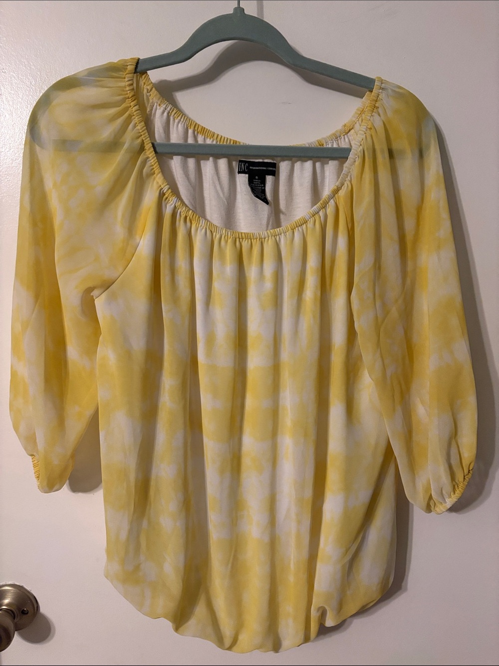 INC International Concepts Yellow and White Tie-Dye Peasant Top